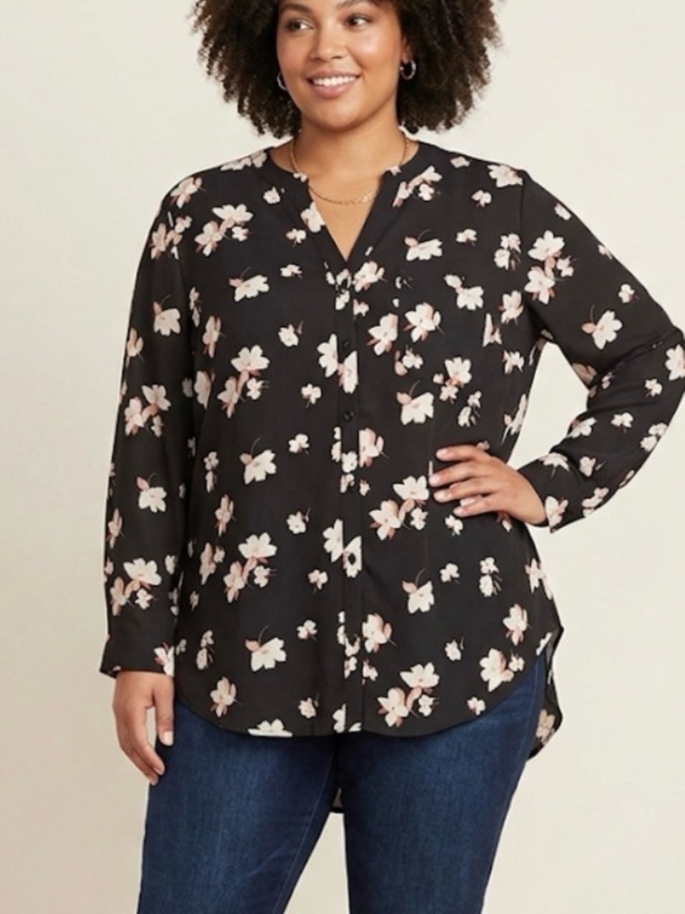 NWT Simply Emma 1X Floral Black Blouse Long Sleeve Size 1X